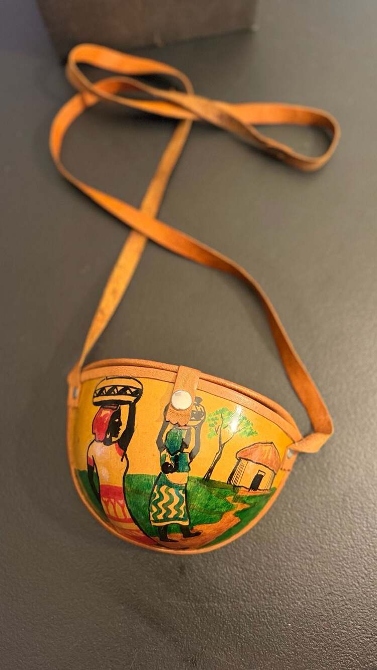 Vintage Hand-Painted Gourd Crossbody Bag with Leather Strap
